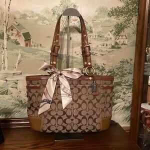 Coach Gallery Khaki Signature Canvas and Tan Leather Large Zip Top Tote w/scarf.